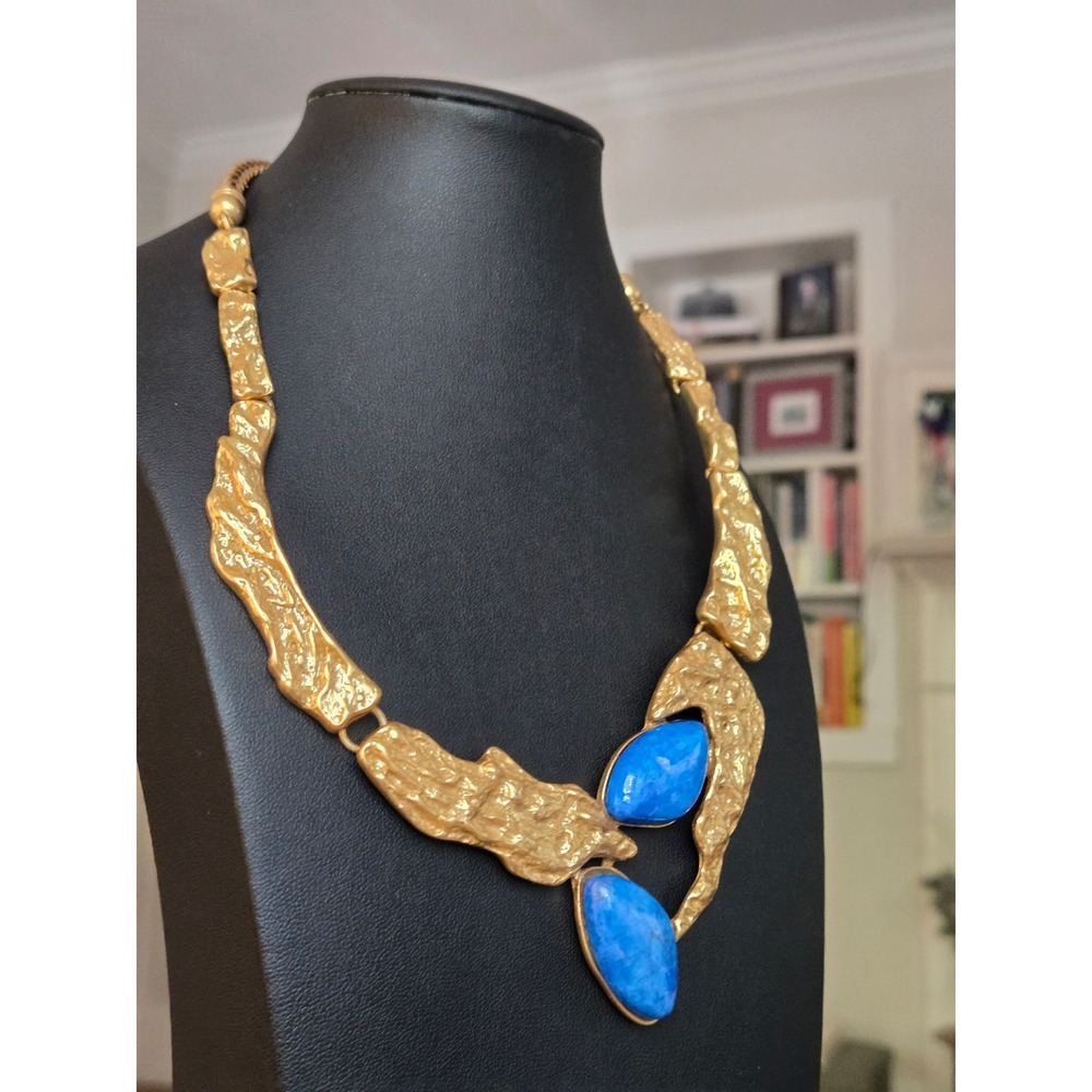 Mid-Century Modernist Necklace Brutalist Wearable Art Goldtone Blue Stones